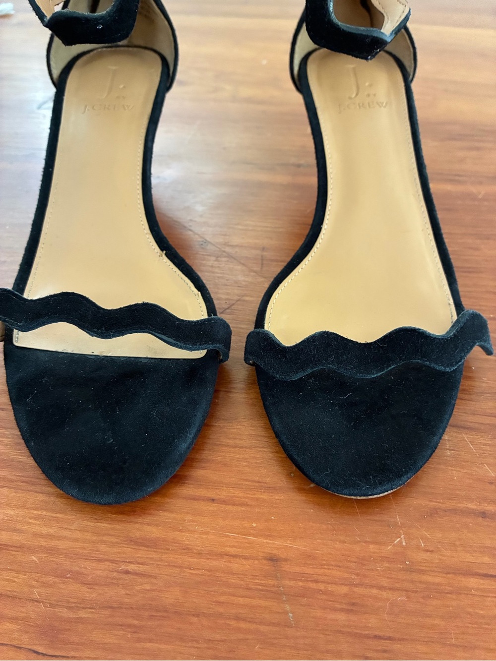 J. Crew Black Suede Scalloped Kitten Ankle-Strap Heels